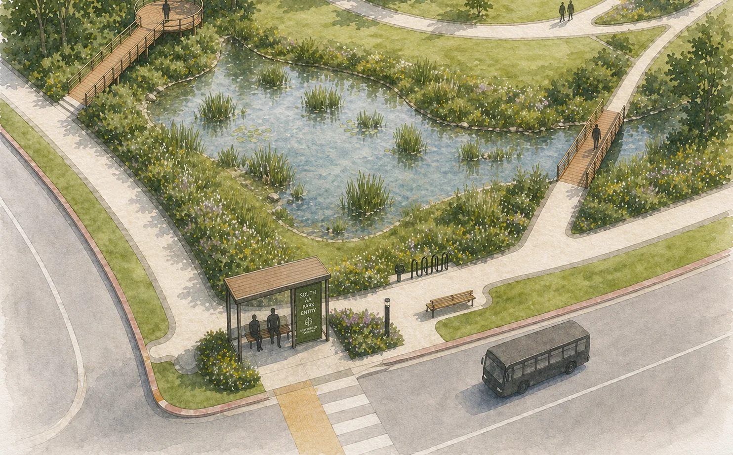 Watercolor rendering — park entry, pond, and boardwalk