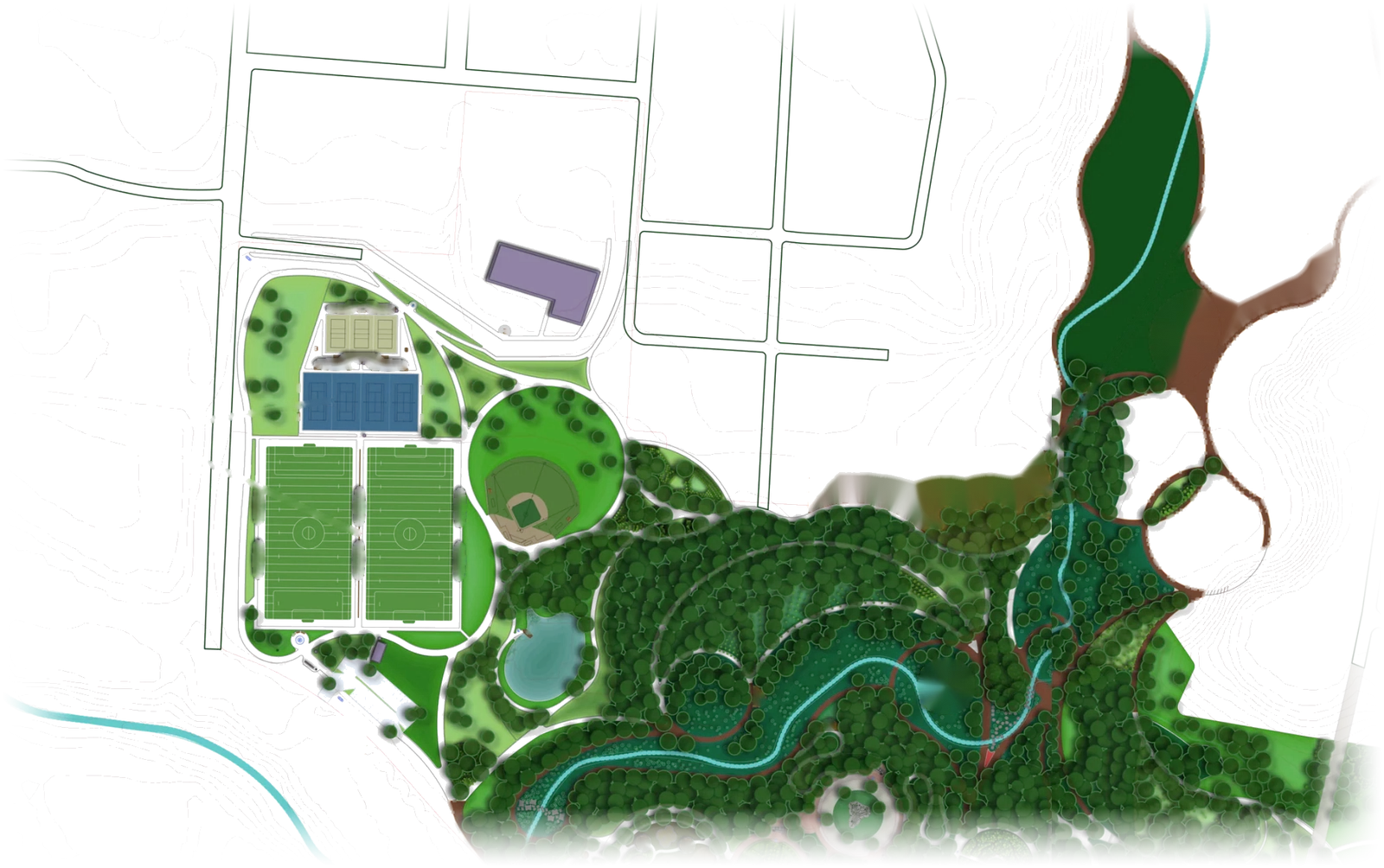 Proctor Landing Park master plan — ecological core on Paddy Creek